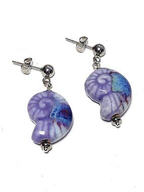 Purple blue ceramic conch shell earrings